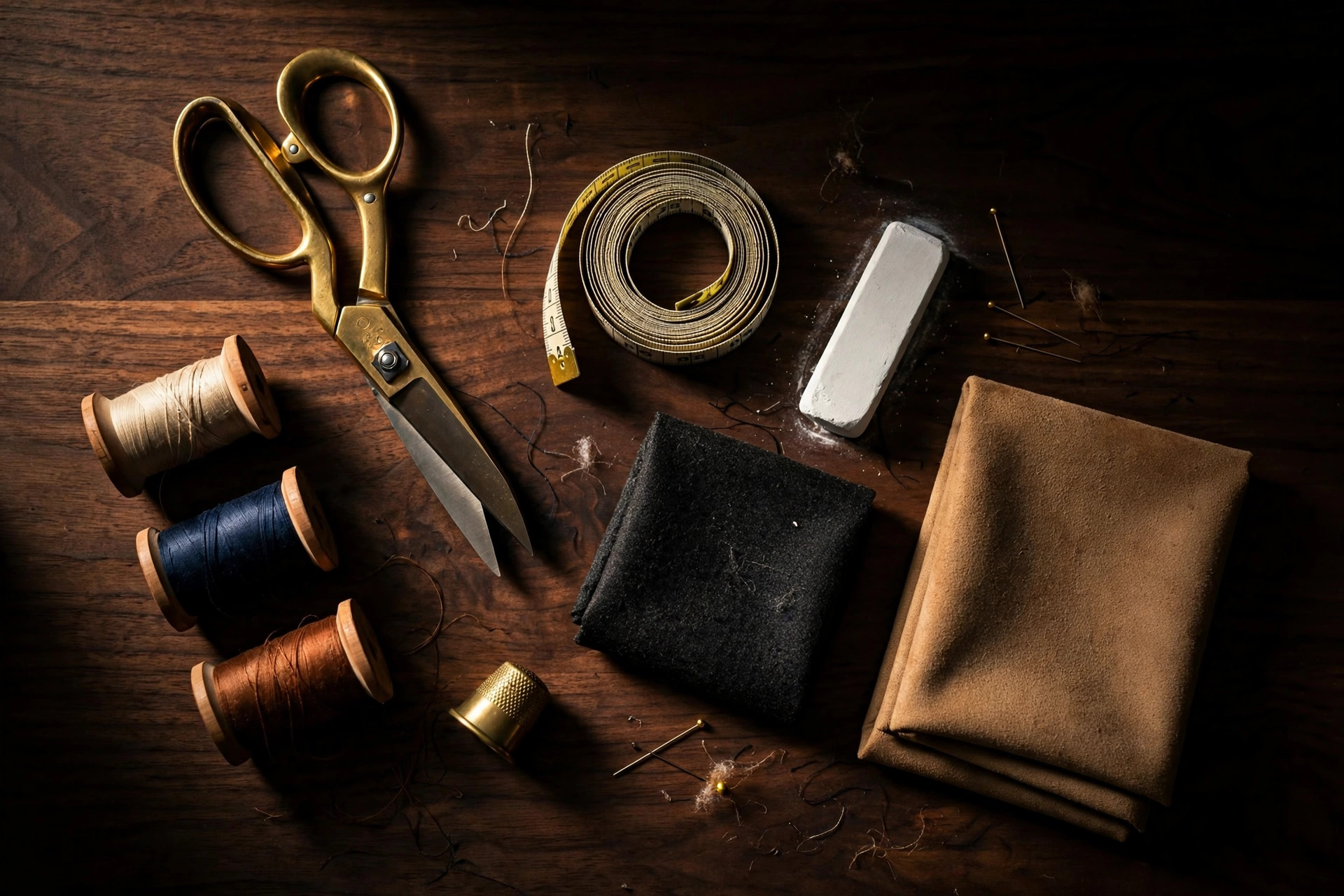 Tailor's tools — brass shears, thread, measuring tape and fabric on a workbench